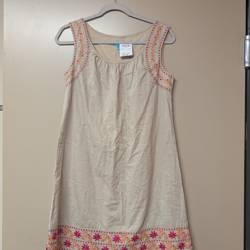 Beige Sleeveless Dress with Pink and Orange Accents